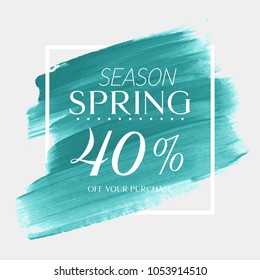 Spring Sale 40% off sign over watercolor art brush stroke paint abstract background vector illustration. Perfect acrylic design for a shop and sale banners.