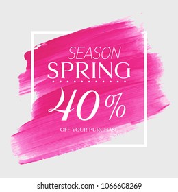 Spring Sale 40% off sign over watercolor art brush stroke paint abstract background vector illustration. Perfect acrylic design for a shop and sale banners.