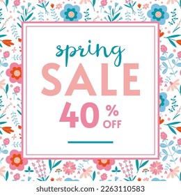 Spring sale 40 p.c. off banner template in pastel colors, cartoon style. Discount promotion layout poster for web or social media, advertising. Trendy modern vector illustration, hand drawn