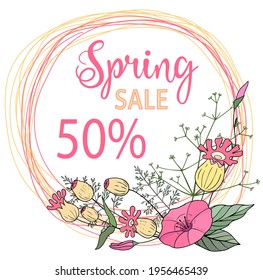 Spring sale 50% Lettering for discount purchase, Banner with color leaves. Vector illustration.