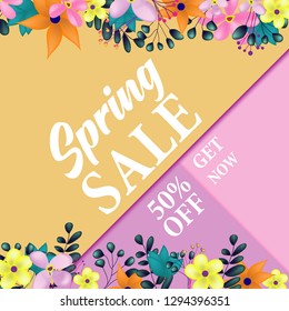 Spring sale 50% off banner, Paper cut style with colorful flower border floral frame, greeting card advertisement for social media and website