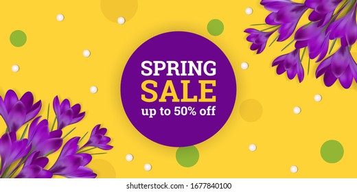 Spring sale, up to 50% off. Discount banner with realistic purple сrocus flowers on a yellow background. Beautiful vector illustration with violet crocuses and pearls 3D. Design label, paper, flyer.