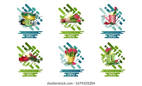 Venta de primavera, hasta un 50% de descuento, grandes paquetes de banners de descuentos verdes en estilo de corte de papel con marco de guirnalda, iconos de resorte y botones.