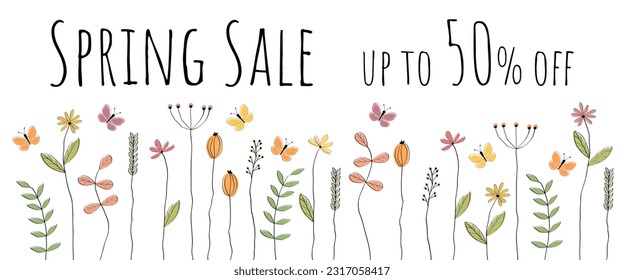 Spring Sale up to 50% off. Sales banner with butterflies over a flower meadow.