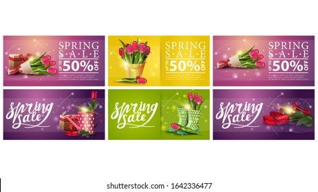 Spring sale, up to 50% off, set of spring discount horizontal banners with bouquets of flowers. Multicolored spring discount templates