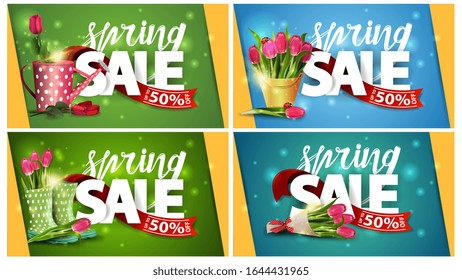 Venta primaveral, hasta un 50% de descuento, juego de banners de descuento horizontal primaveral con letras grandes, cinta roja con oferta y flores