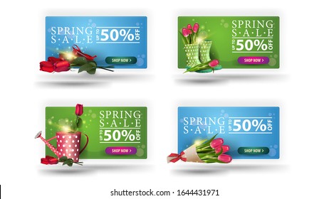 Spring sale, up to 50% off, set of spring horizontal volumetric discount banners with rounded edges and buttons. Discount spring templates isolated on white background
