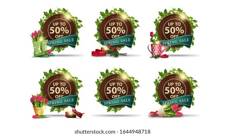 Venta primaveral, hasta 50% de descuento, conjunto de banners marrones con un marco de viñas y hojas en forma de barril de madera, botones y flores. Spring desenmascara los carteles con hermosos iconos