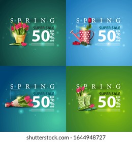 Frühjahrsverkauf, bis zu 50 % Rabatt, Set von 3D-Frühjahrsbildern mit großen weißen Zahlen, moderner Typografie und Blumen
