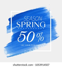 Spring Sale 50% off sign over watercolor art brush stroke paint abstract background vector illustration. Perfect acrylic design for a shop and sale banners.