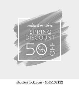 Spring Sale 50% off sign over watercolor art brush stroke paint abstract background vector illustration. Perfect acrylic design for a shop and sale banners.