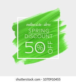 Spring Sale 50% off sign over watercolor art brush stroke paint abstract background vector illustration. Perfect acrylic design for a shop and sale banners.