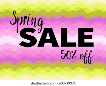 Spring sale 50% off text on abstract wavy pink and light green background with curve ines. Discount advertising banner.