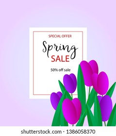 Spring sale. 50% offer. Bouquet of purple and pink tulips.. Vector illustration.