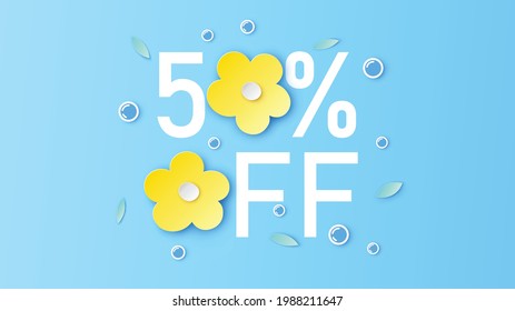 Venta de primavera 50 por ciento fuera de decoración con flores y burbujas. La promoción de pancartas ofrece un 50% de descuento. Promoción de descuento de primavera. 50%. corte de papel y estilo artesanal. vector, ilustración.