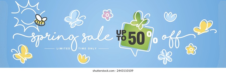 Spring Sale up to 50% percent off speech bubble handwritten typography lettering line design colorful flowers butterflies bee and sun blue greeting card