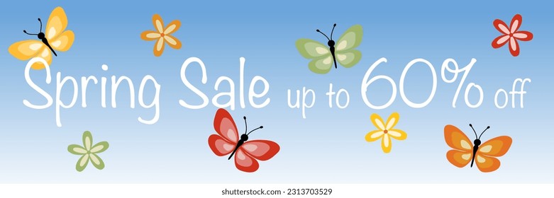 Spring Sale up to 60% off. Sales banner with colorful butterflies and blossoms on a sky blue background.