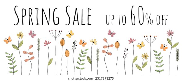 Venta de primavera hasta un 60% de descuento. Cartel de venta con mariposas sobre un prado de flores.