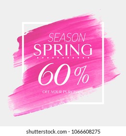 Spring Sale 60% off sign over watercolor art brush stroke paint abstract background vector illustration. Perfect acrylic design for a shop and sale banners.