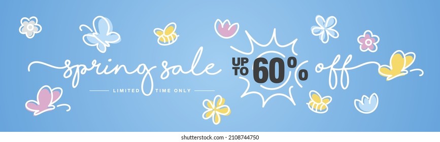 Spring Sale up to 60 percent off handwritten typography lettering line design colorful flowers bees butterflies tulips blue greeting card