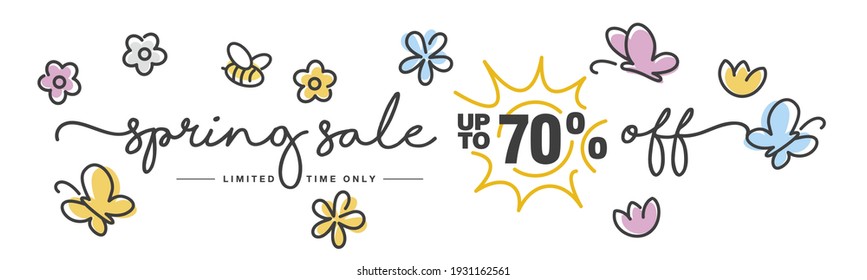 Spring Sale up to 70 % off handwritten typography lettering line design colorful flowers butterflies tulips isolated white background