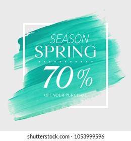 Spring Sale 70% off sign over watercolor art brush stroke paint abstract background vector illustration. Perfect acrylic design for a shop and sale banners.