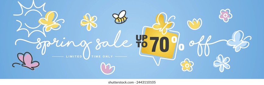 Venta de primavera hasta el 70% de descuento en el discurso burbuja tipografía escrita a mano línea de diseño de flores de colores mariposas abeja y sol tarjeta de felicitación azul