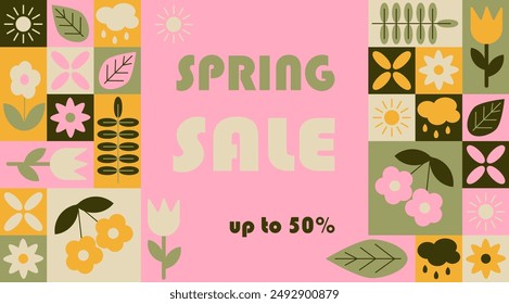 Spring sale abstract contrast horizontal banner in geometric style. Season botanical items in simple geometric shapes, vector flat style. Good for advertisement and trading