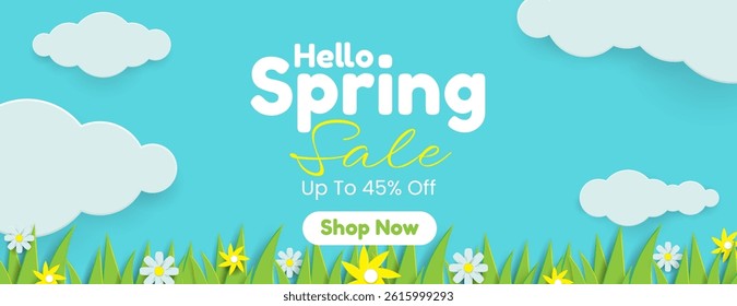 Spring sale ad featuring grass, flowers, clouds, and blue sky. Ideal for promoting seasonal discounts on products or services. Great for marketing materials.