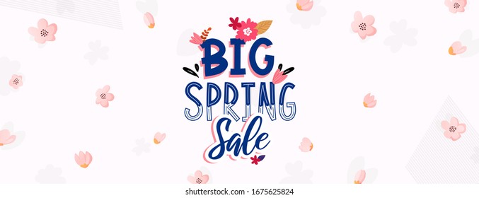 Spring sale ad text and flowers on white background. Spring season vector banner design.