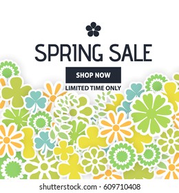 Spring Sale Ad Vector Background, Flat Style Colorful Flowers Elements