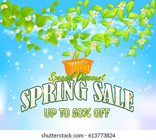 Spring Sale Ad Vector Background, Flowers Elements Illustration, Nature Landscape