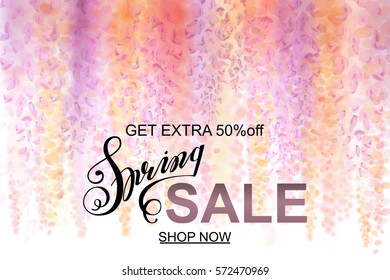 The spring sale advertisement on background with beautiful blooming wisteria. Seasonal discount banner with flowers. Vector illustration.