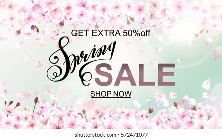The spring sale advertisement on background with beautiful blooming cherry. Seasonal discount horizontal banner with flowers. Falling petals of sakura. Vector illustration.