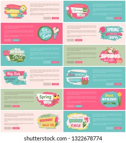 Spring sale advertisement website decorated by bouquet of lilac, tulip and rose, peony and daisy. Webpage of special offer with flowers, posters set vector