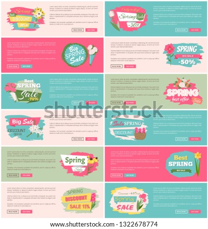 Spring sale advertisement website decorated by bouquet of lilac, tulip and rose, peony and daisy. Webpage of special offer with flowers, posters set vector