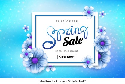 Spring Sale advertising banner with frame blue realistic flowers and handwrited lettering