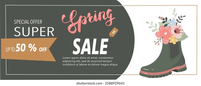 Spring sale advertising flayer offering up to 50 percent off on various products during seasonal promotion