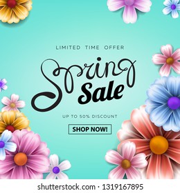 Spring Sale advertising text banner design with realistic flowers and handwrited lettering on bright floral background for season ads