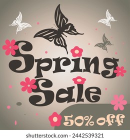 Spring sale background with 50% off, butterflies and flowers. Banners with vector illustration template.Wallpaper, posters, brochures, invitations, flyers, and discount vouchers.