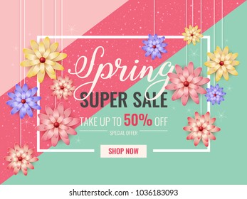 Spring sale background banner with beautiful colorful flower. Vector illustration.