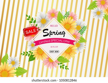 Spring sale background banner with beautiful colorful flower