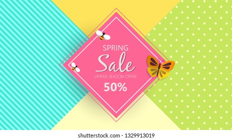 Spring sale background banner with beautiful colorful butterfly. Vector illustration. 
