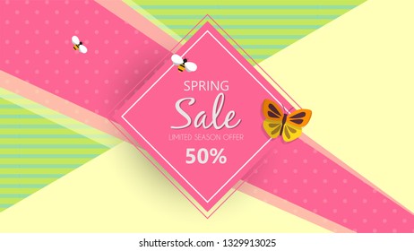 Spring sale background banner with beautiful colorful butterfly. Vector illustration. 