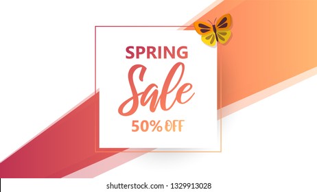 Spring sale background banner with beautiful colorful butterfly. Vector illustration. 