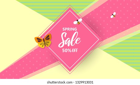 Spring sale background banner with beautiful colorful butterfly. Vector illustration. 