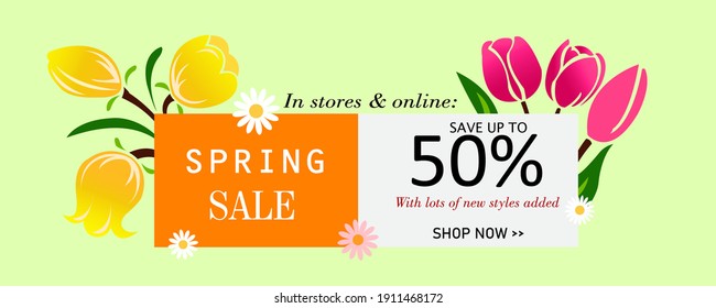 Spring sale background banner with beautiful colorful flowers and leaves. Vector illustration template.For banners,wallpaper.flyers,invitation, web,posters, brochure,websites and voucher discount