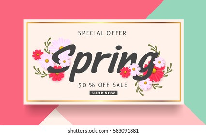 Spring sale background banner with beautiful colorful flower. Vector illustration.