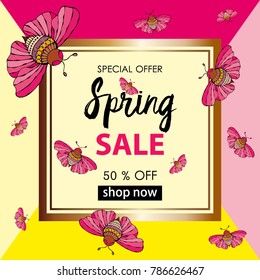 Spring sale background banner with beautiful pink butterfly. Vector illustration. Spring sale. decorative border. Coloring page background design spring sale with butterfly and space for text.