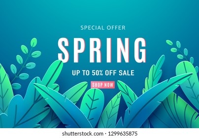 Spring sale background banner with beauty fantasy leaves. Paper cut style isolated on light backdrop. Vector illustration springtime template for flyers, poster, brochure, wallpaper, voucher discount.